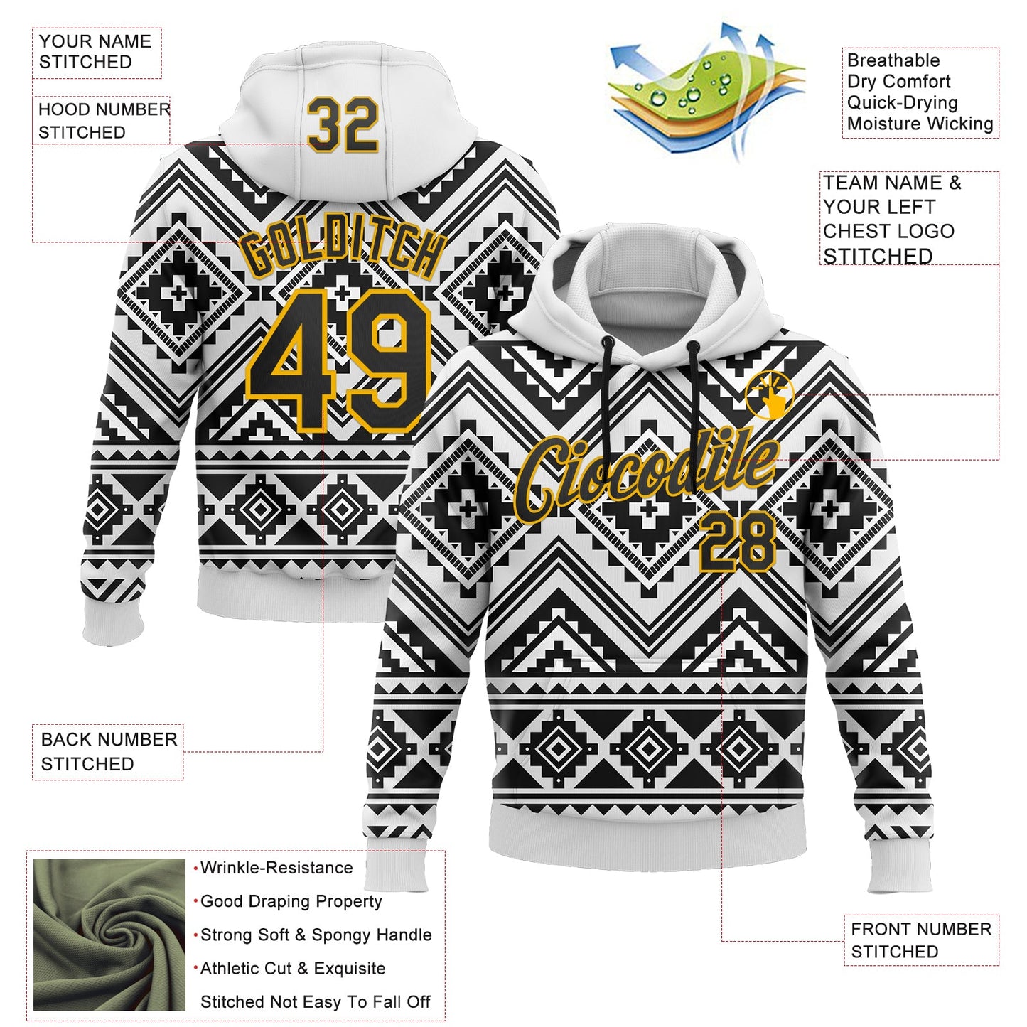 Custom Stitched White Black-Gold 3D Mexico Aztec Pattern Sports Pullover Sweatshirt Hoodie view 2