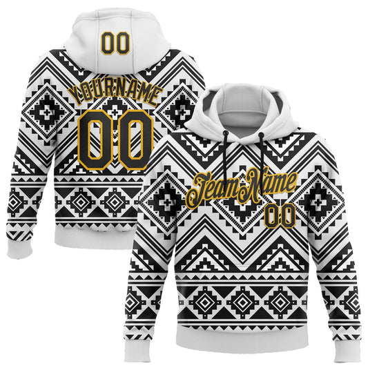 Custom Stitched White Black-Gold 3D Mexico Aztec Pattern Sports Pullover Sweatshirt Hoodie - Main View