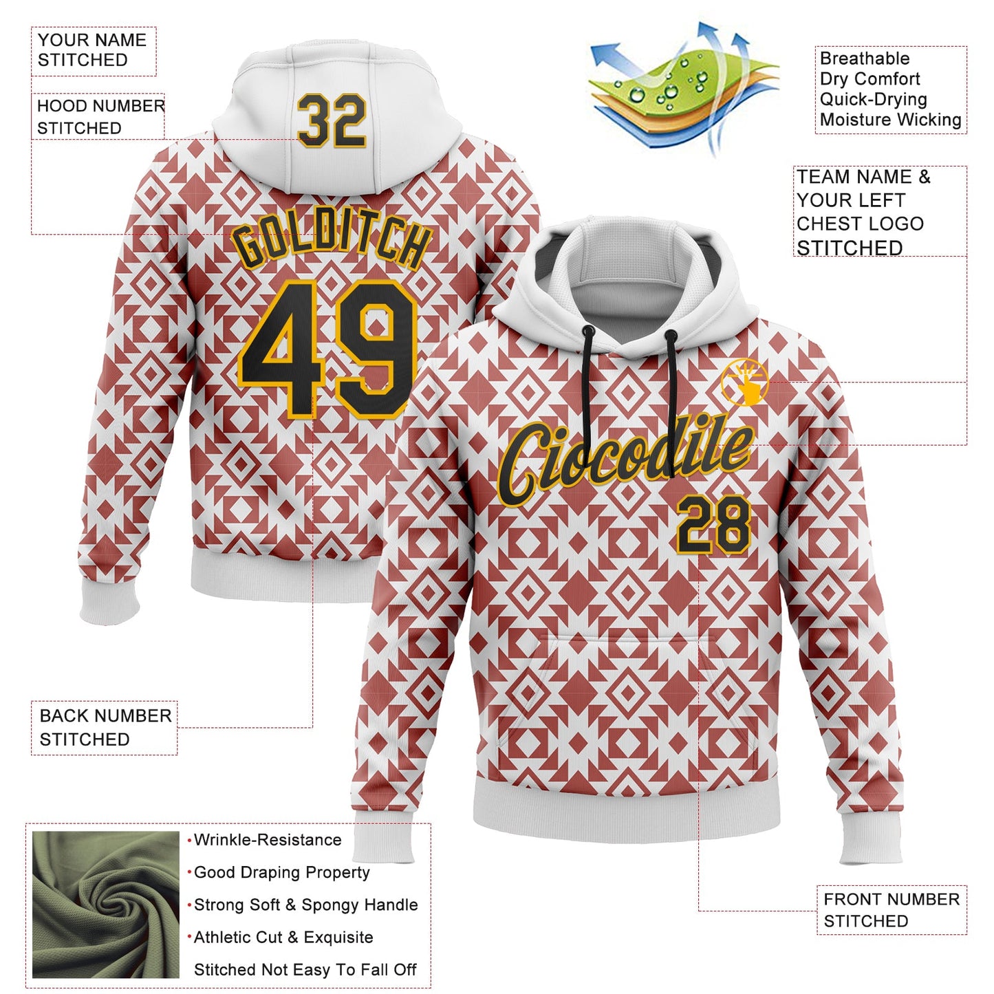 Custom Stitched White Black Red-Gold 3D Mexico Aztec Pattern Sports Pullover Sweatshirt Hoodie view 2