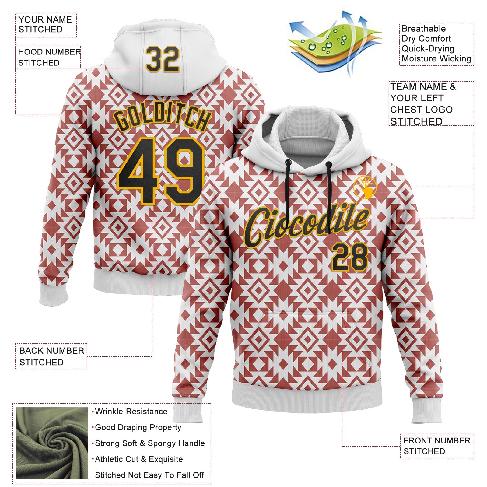 Custom Stitched White Black Red-Gold 3D Mexico Aztec Pattern Sports Pullover Sweatshirt Hoodie view 2