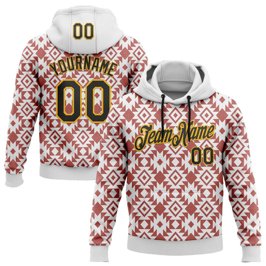Custom Stitched White Black Red-Gold 3D Mexico Aztec Pattern Sports Pullover Sweatshirt Hoodie - Main View