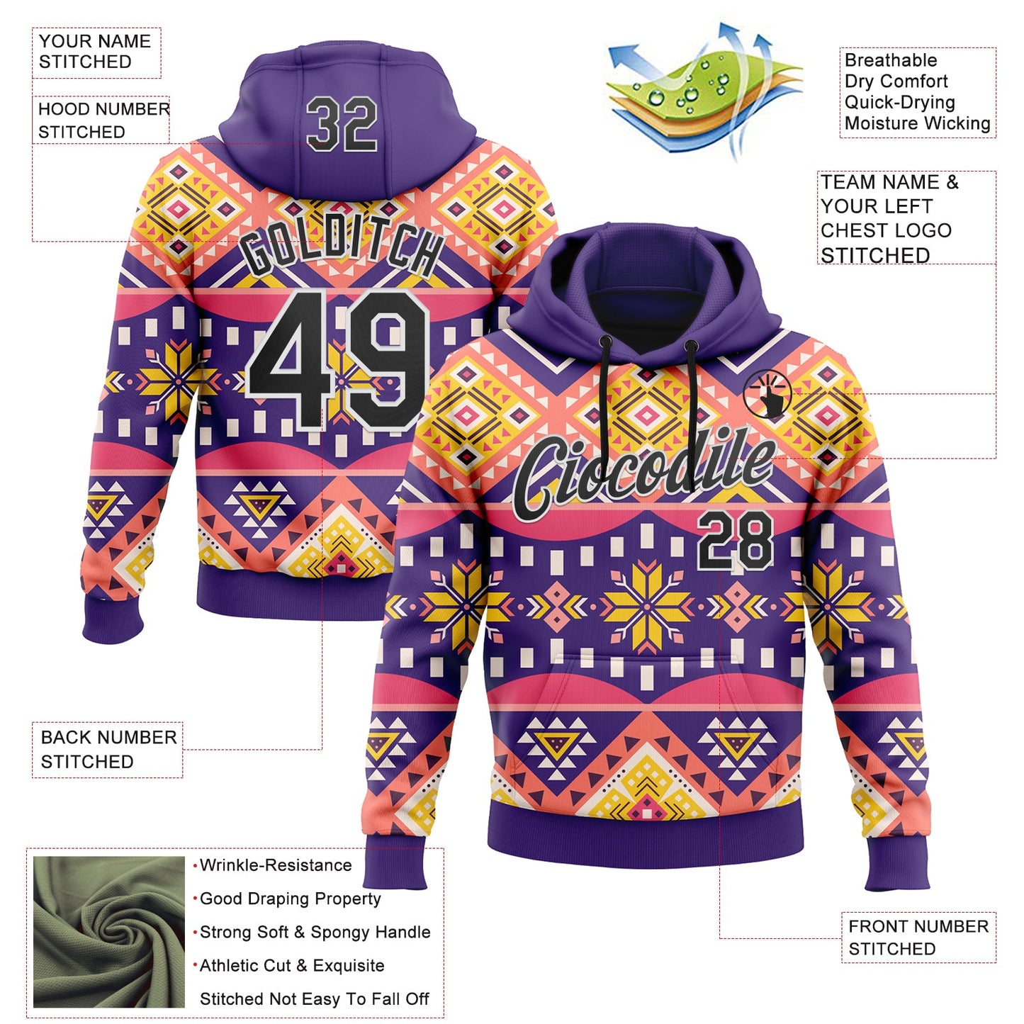 Custom Stitched Purple Black Pink Yellow-White 3D Mexico Aztec Pattern Sports Pullover Sweatshirt Hoodie view 2