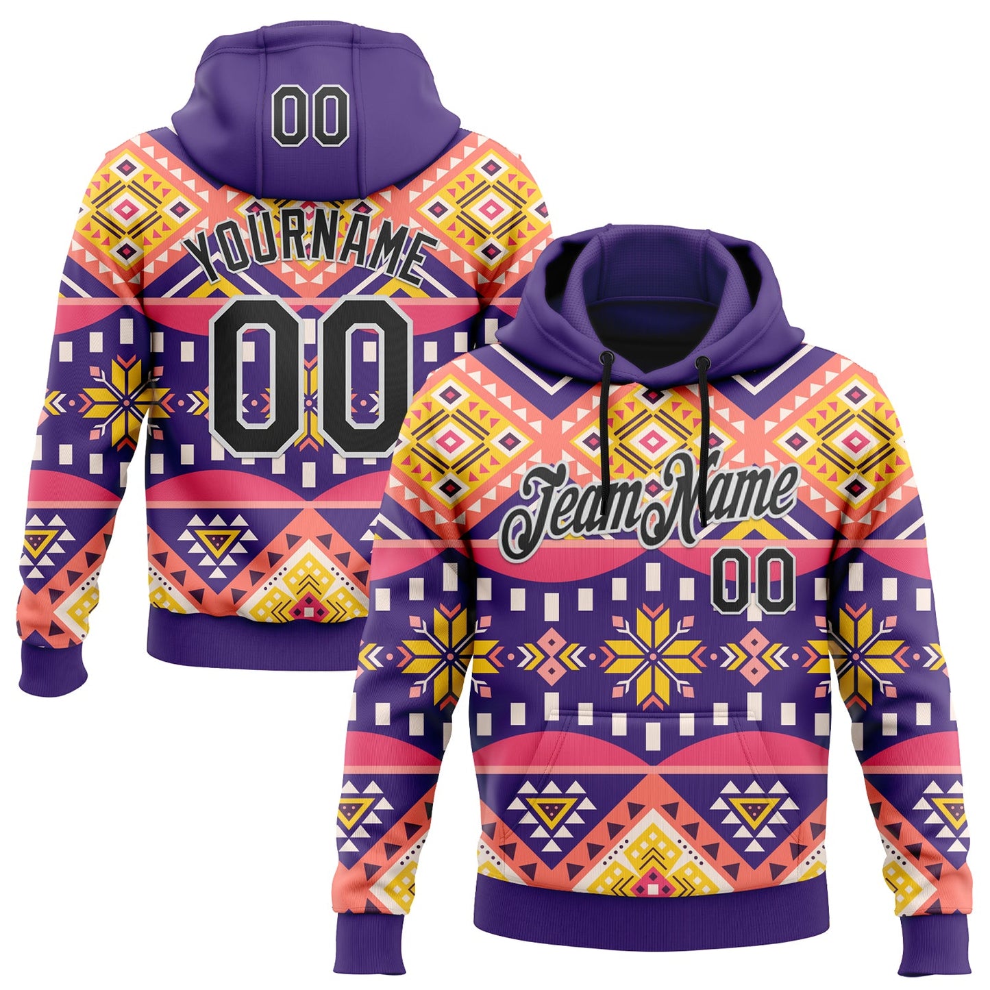 Custom Stitched Purple Black Pink Yellow-White 3D Mexico Aztec Pattern Sports Pullover Sweatshirt Hoodie - Main View