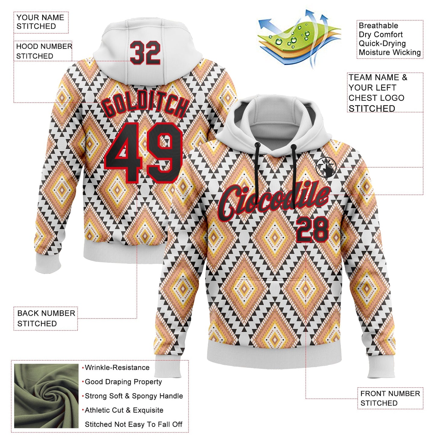 Custom Stitched White Black Yellow-Fire Red 3D Mexico Aztec Pattern Sports Pullover Sweatshirt Hoodie view 2