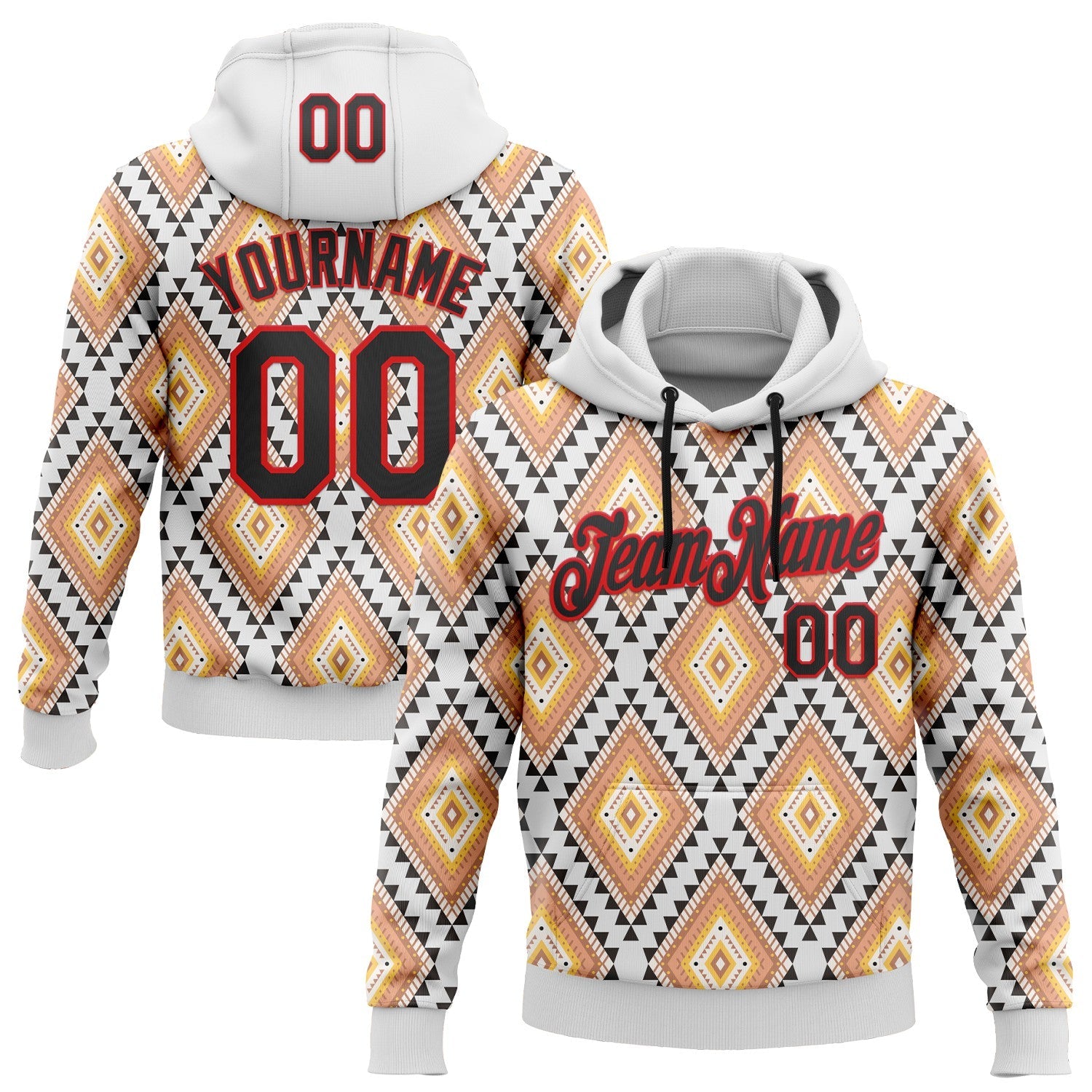 Custom Stitched White Black Yellow-Fire Red 3D Mexico Aztec Pattern Sports Pullover Sweatshirt Hoodie - Main View