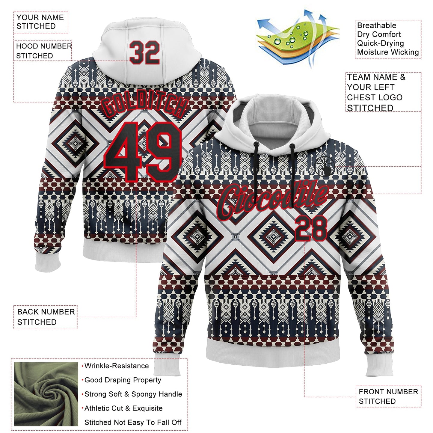 Custom Stitched White Black Gray Blue-Fire Red 3D Mexico Aztec Pattern Sports Pullover Sweatshirt Hoodie view 2