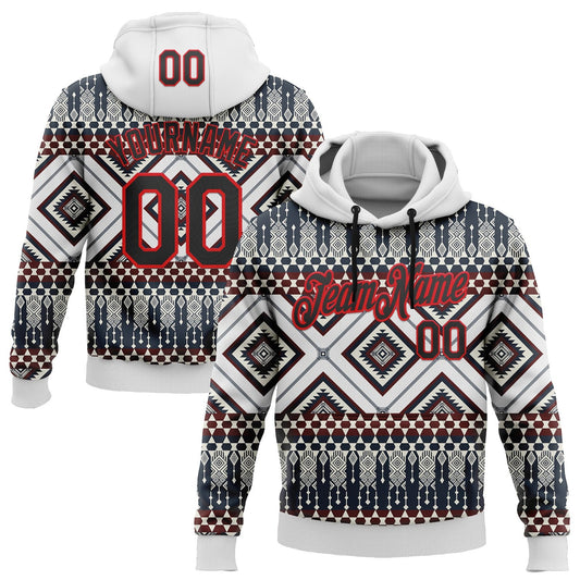 Custom Stitched White Black Gray Blue-Fire Red 3D Mexico Aztec Pattern Sports Pullover Sweatshirt Hoodie - Main View