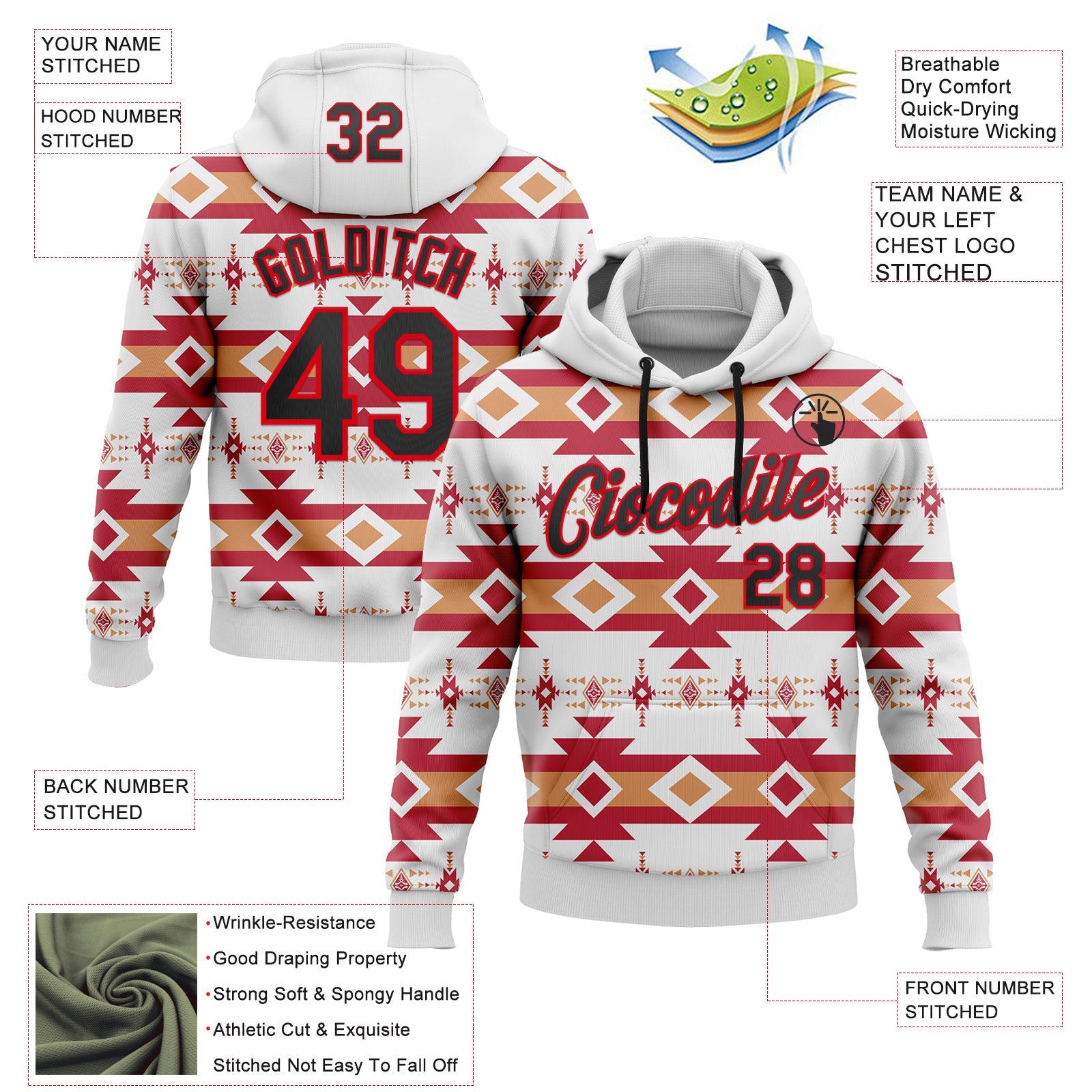 Custom Stitched White Black Orange-Fire Red 3D Mexico Aztec Pattern Sports Pullover Sweatshirt Hoodie view 2