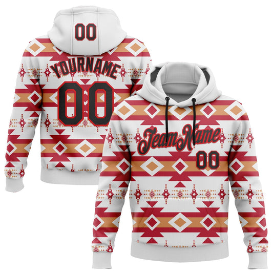 Custom Stitched White Black Orange-Fire Red 3D Mexico Aztec Pattern Sports Pullover Sweatshirt Hoodie - Main View