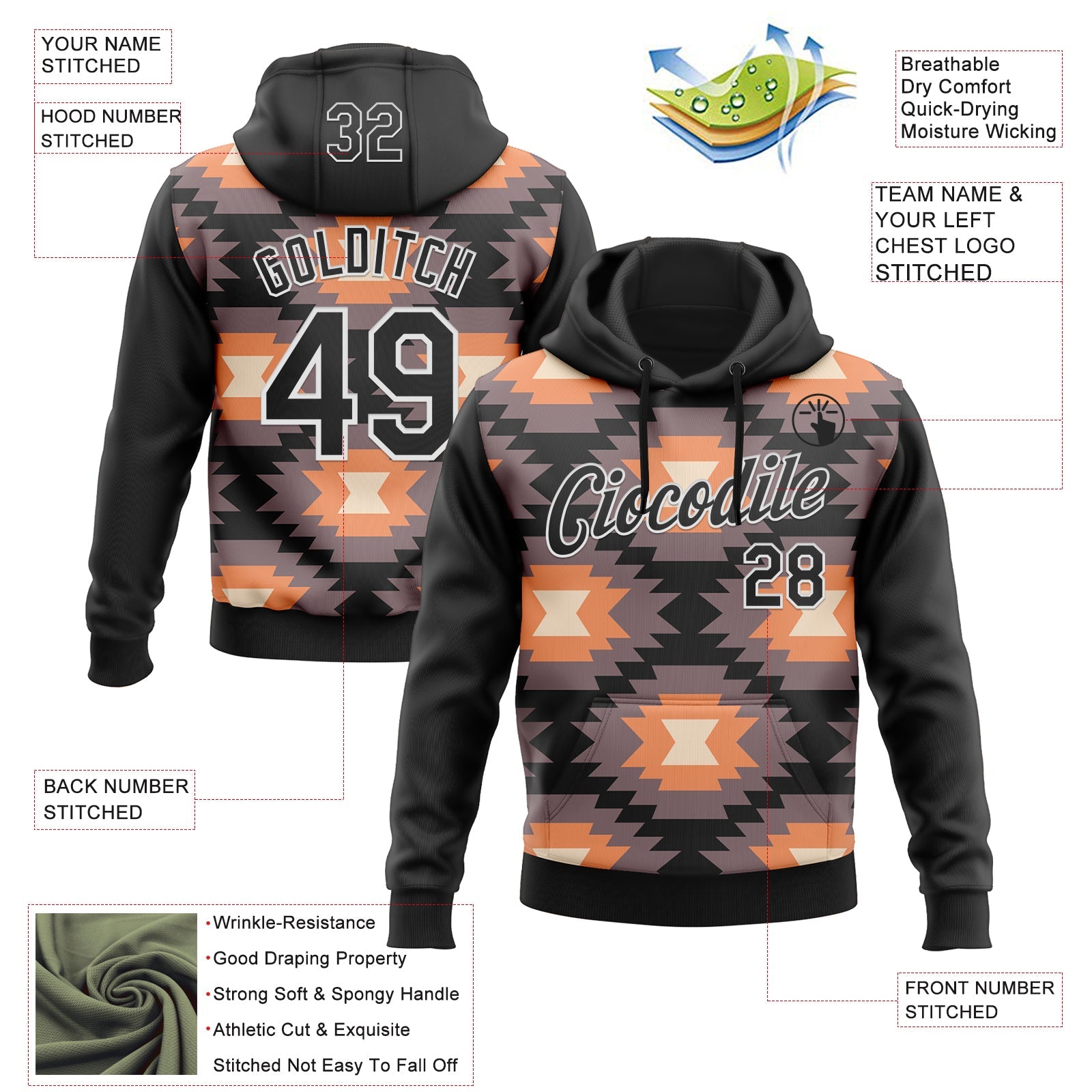 Custom Stitched Black Gray Orange-White 3D Mexico Aztec Pattern Sports Pullover Sweatshirt Hoodie view 2