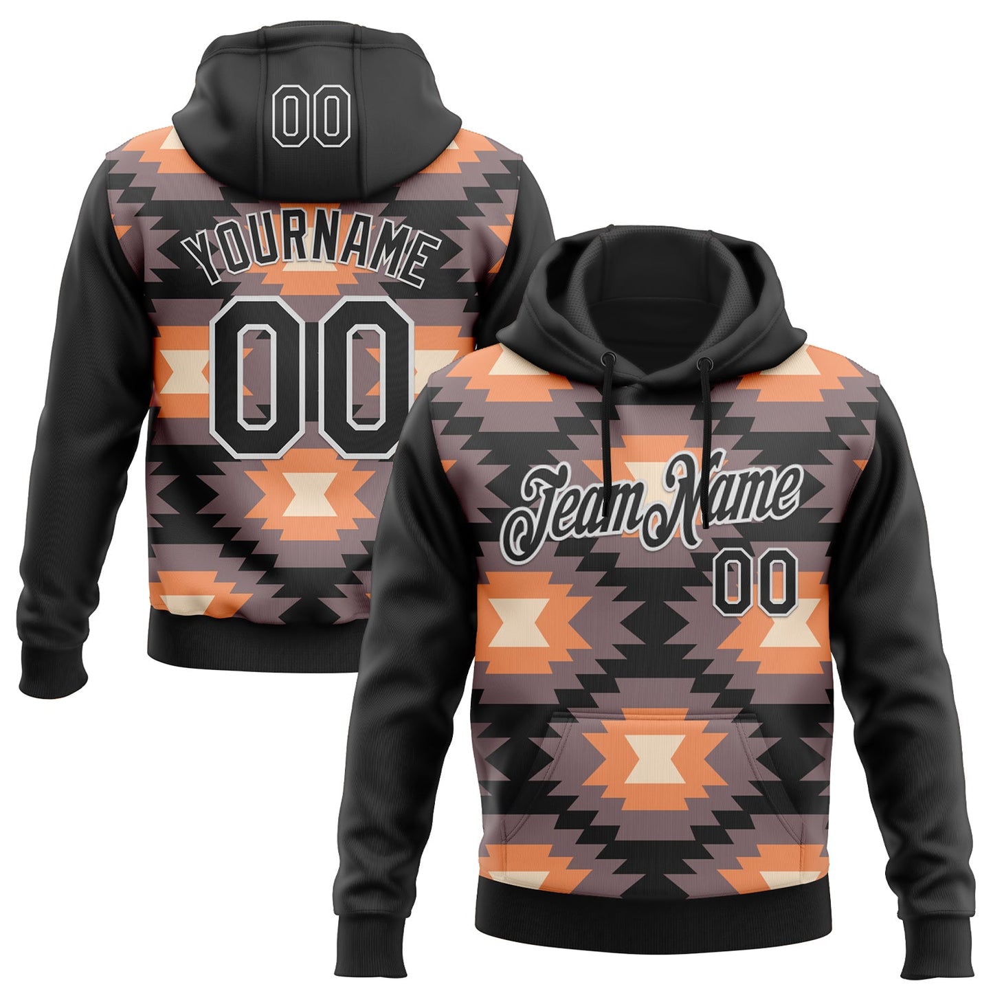 Custom Stitched Black Gray Orange-White 3D Mexico Aztec Pattern Sports Pullover Sweatshirt Hoodie - Main View