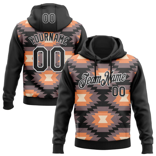 Custom Stitched Black Gray Orange-White 3D Mexico Aztec Pattern Sports Pullover Sweatshirt Hoodie - Main View