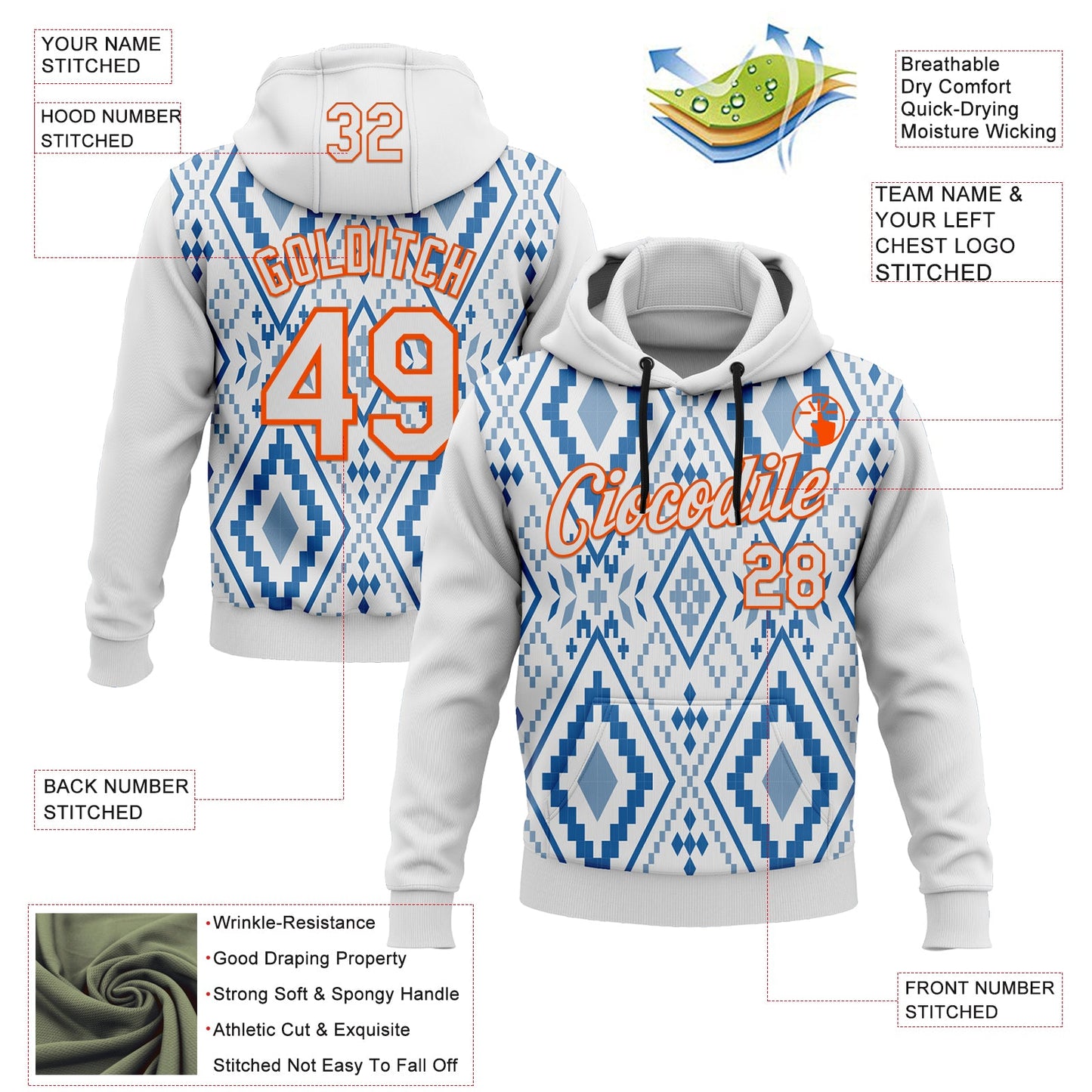 Custom Stitched White Blue-Orange 3D Mexico Aztec Pattern Sports Pullover Sweatshirt Hoodie view 2