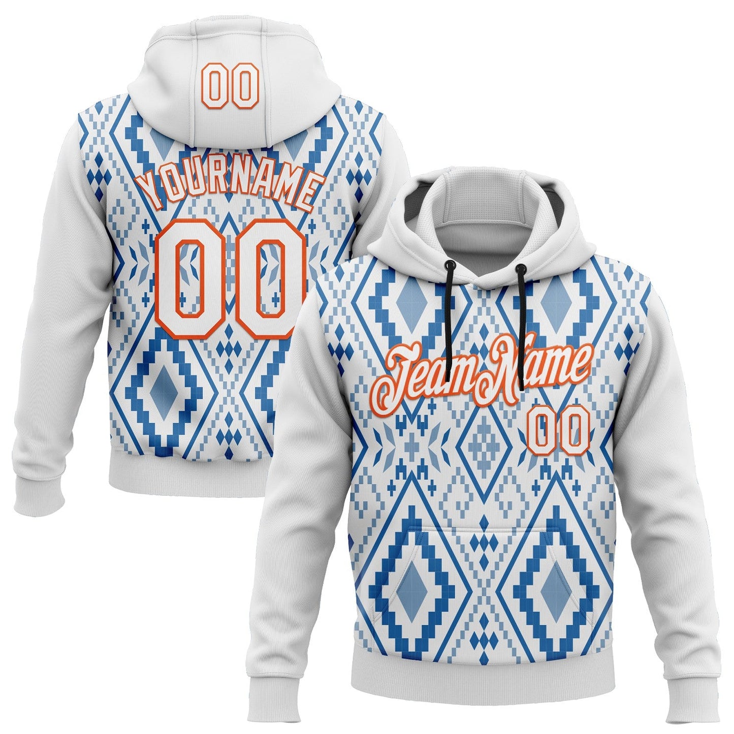 Custom Stitched White Blue-Orange 3D Mexico Aztec Pattern Sports Pullover Sweatshirt Hoodie - Main View