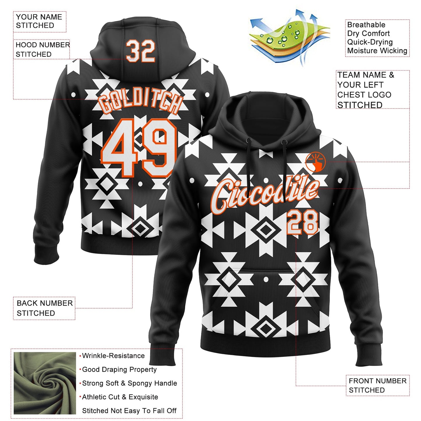 Custom Stitched Black White-Orange 3D Mexico Aztec Pattern Sports Pullover Sweatshirt Hoodie view 2