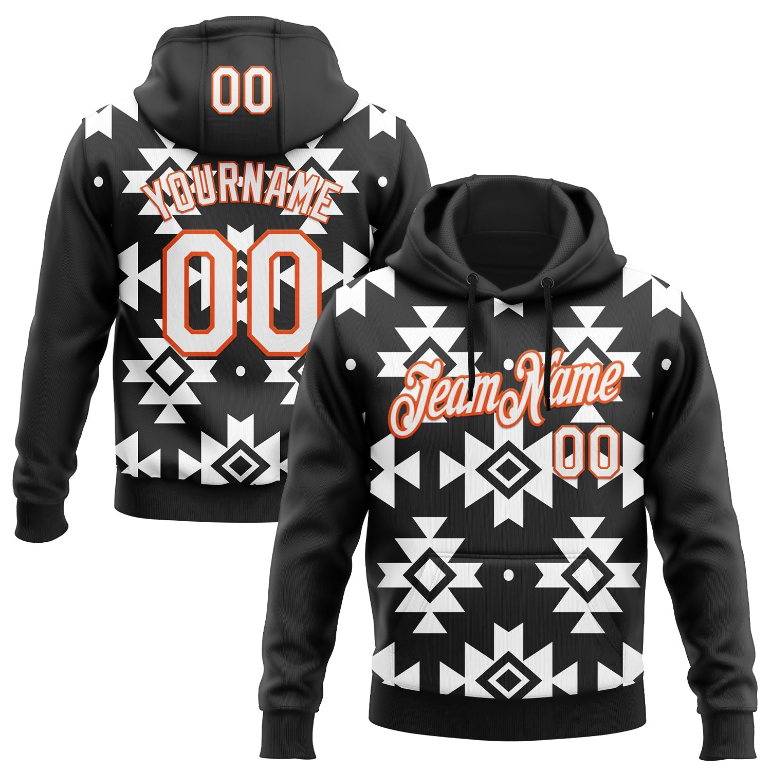 Custom Stitched Black White-Orange 3D Mexico Aztec Pattern Sports Pullover Sweatshirt Hoodie - Main View