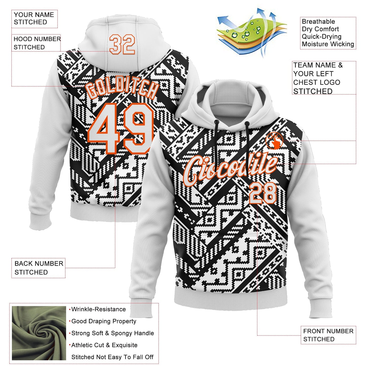 Custom Stitched White Black-Orange 3D Mexico Aztec Pattern Sports Pullover Sweatshirt Hoodie view 2