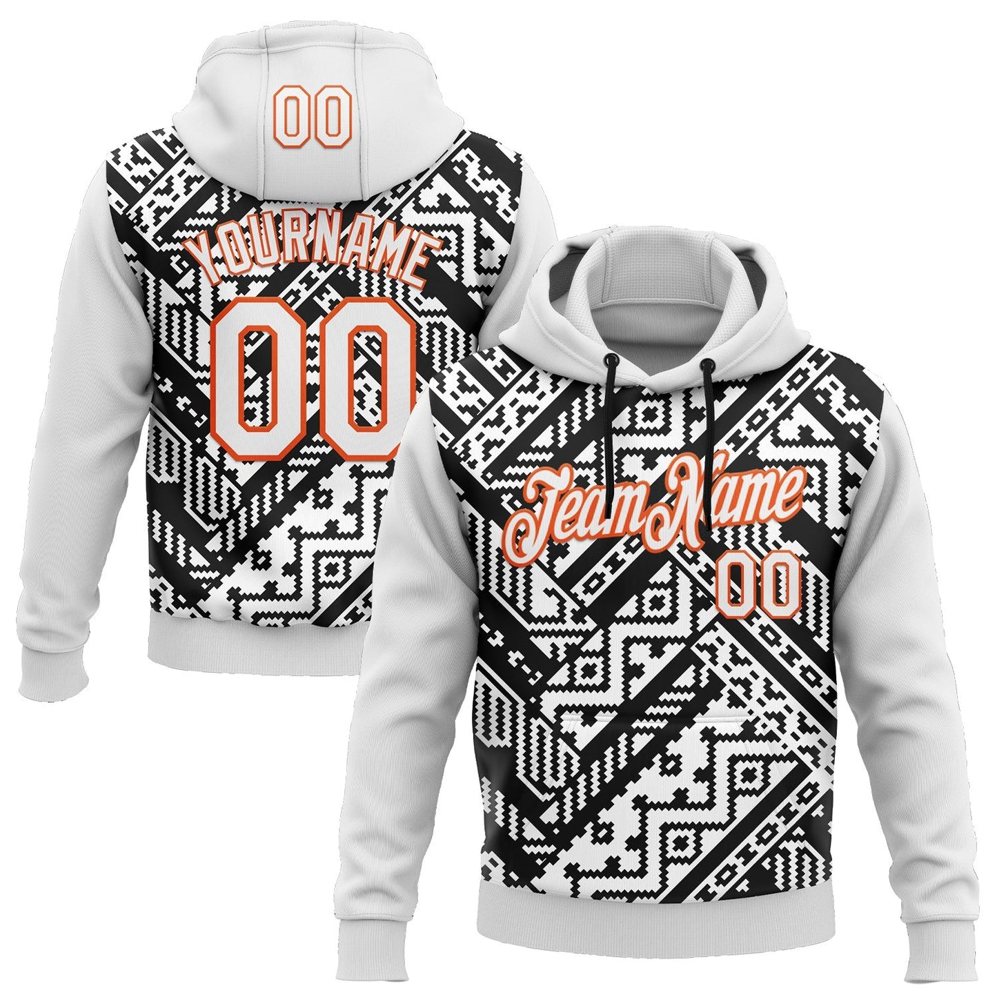 Custom Stitched White Black-Orange 3D Mexico Aztec Pattern Sports Pullover Sweatshirt Hoodie - Main View