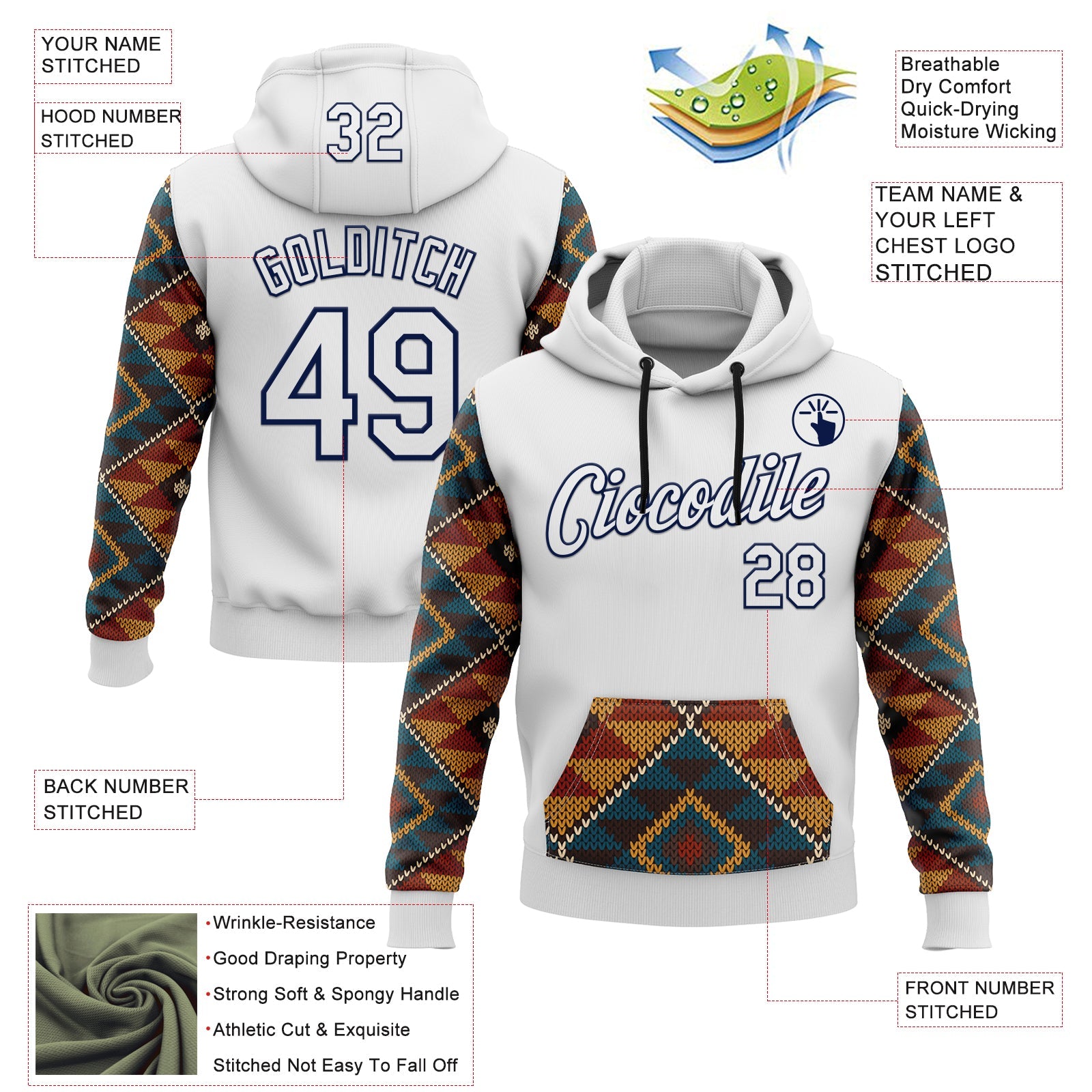 Custom Stitched White Yellow Red Blue-Navy 3D Mexico Aztec Pattern Sports Pullover Sweatshirt Hoodie view 2