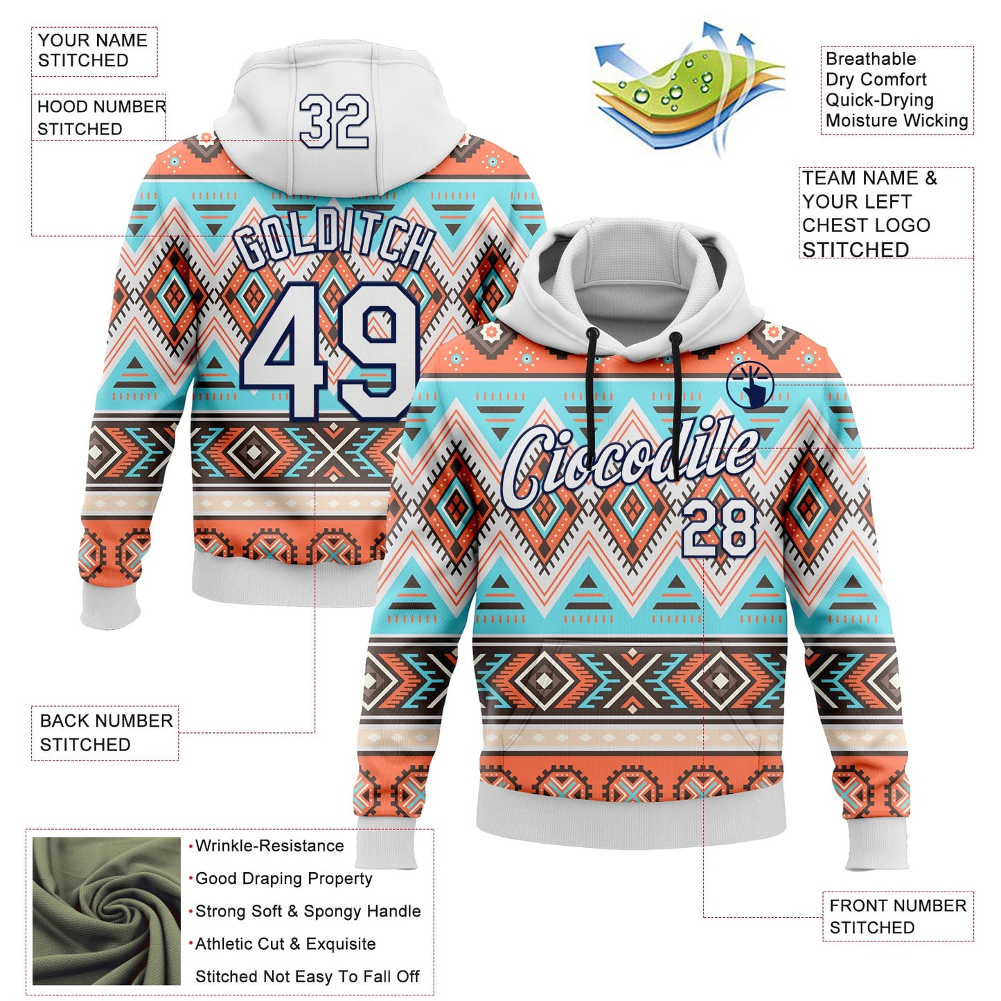 Custom Stitched White Gray Orange Blue-Navy 3D Mexico Aztec Pattern Sports Pullover Sweatshirt Hoodie view 2