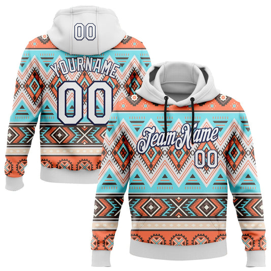 Custom Stitched White Gray Orange Blue-Navy 3D Mexico Aztec Pattern Sports Pullover Sweatshirt Hoodie - Main View
