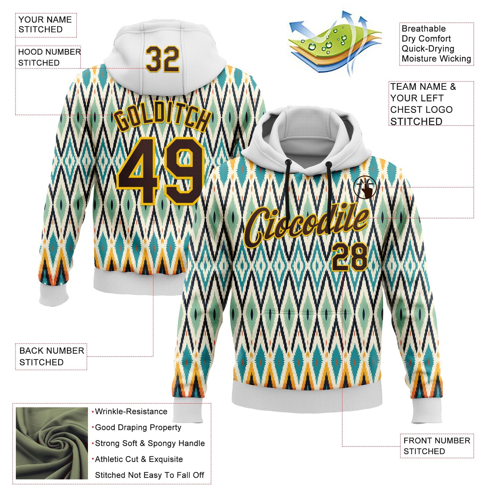 Custom Stitched White Brown Blue-Yellow 3D Mexico Aztec Pattern Sports Pullover Sweatshirt Hoodie view 2