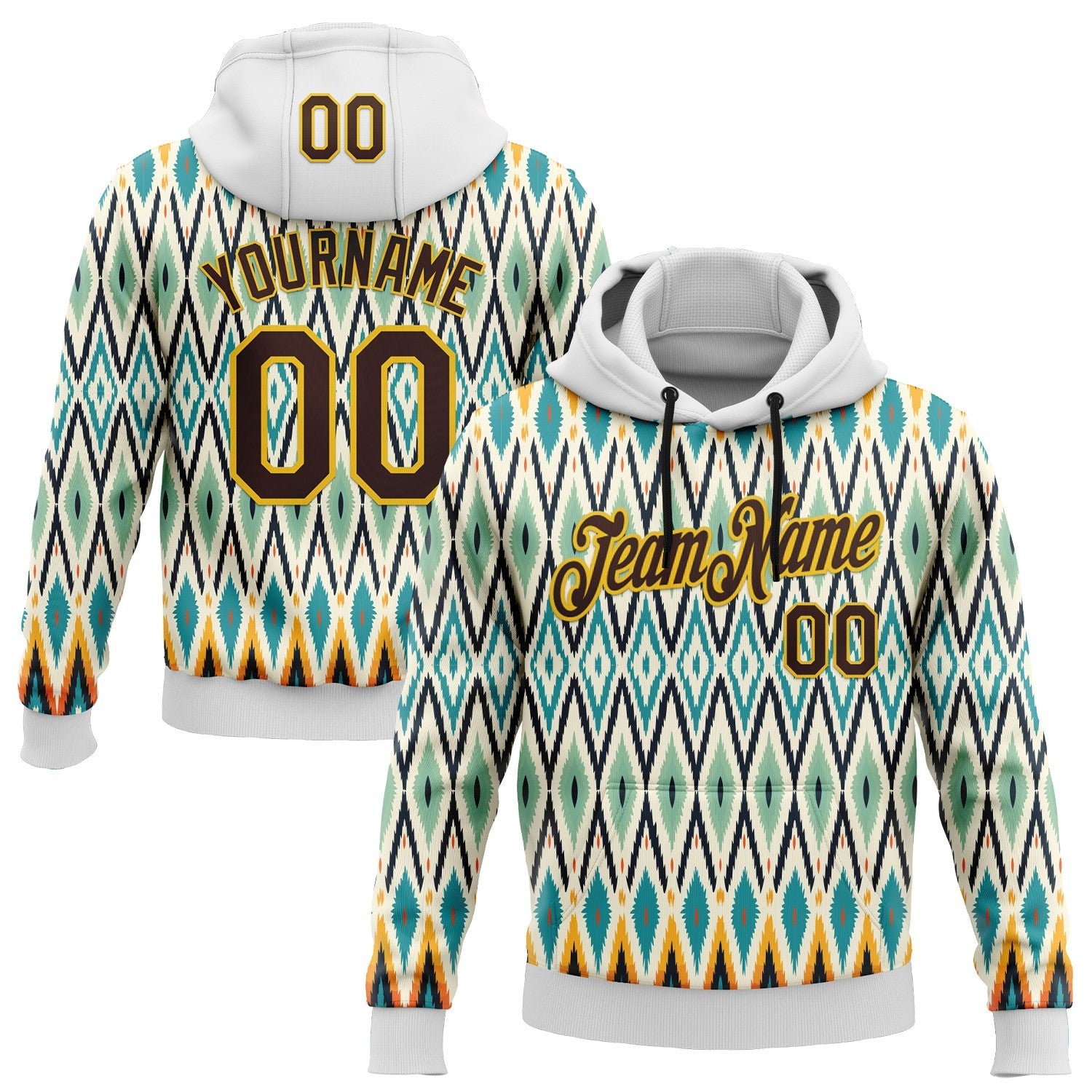 Custom Stitched White Brown Blue-Yellow 3D Mexico Aztec Pattern Sports Pullover Sweatshirt Hoodie - Main View
