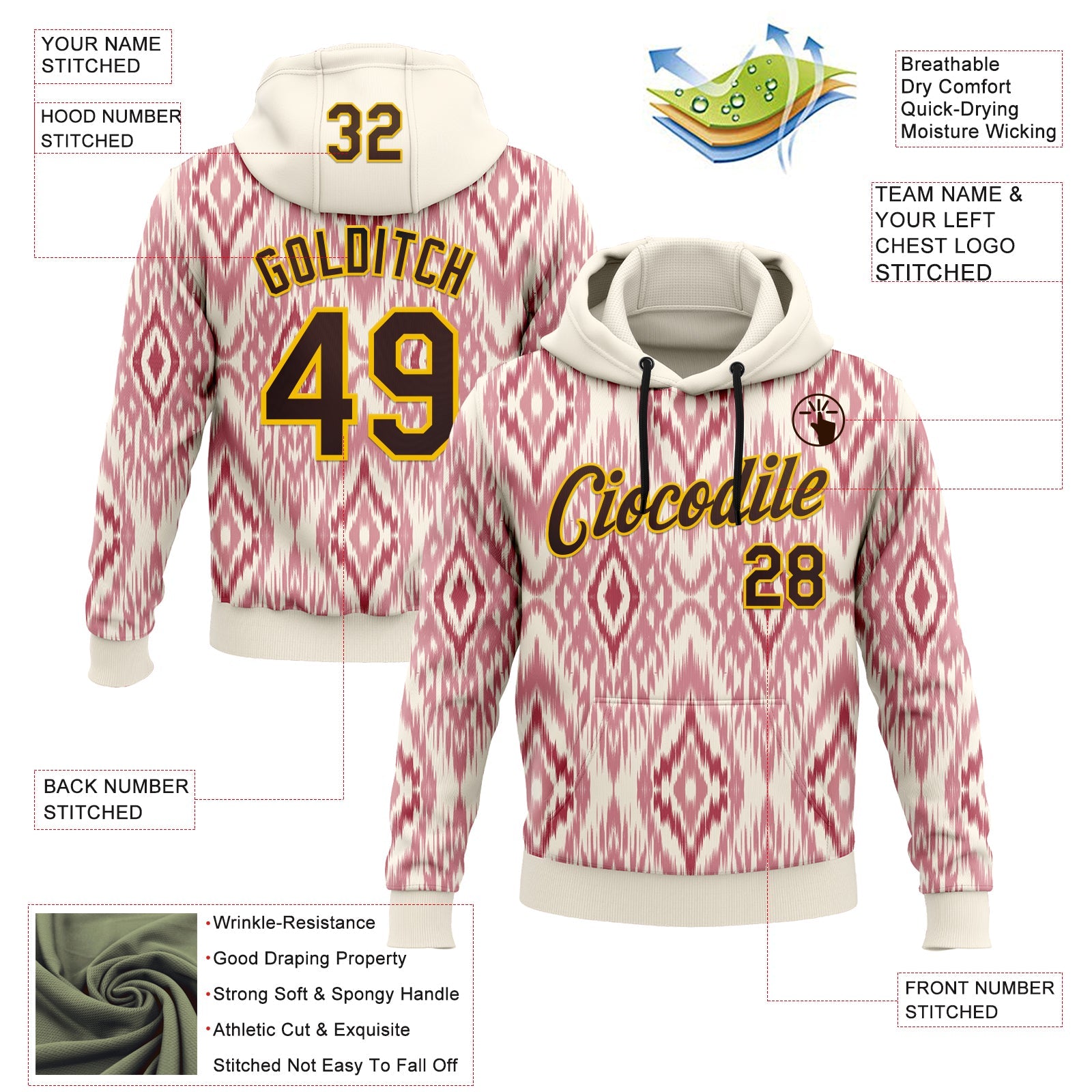 Custom Stitched Cream Brown Red-Yellow 3D Mexico Aztec Pattern Sports Pullover Sweatshirt Hoodie view 2