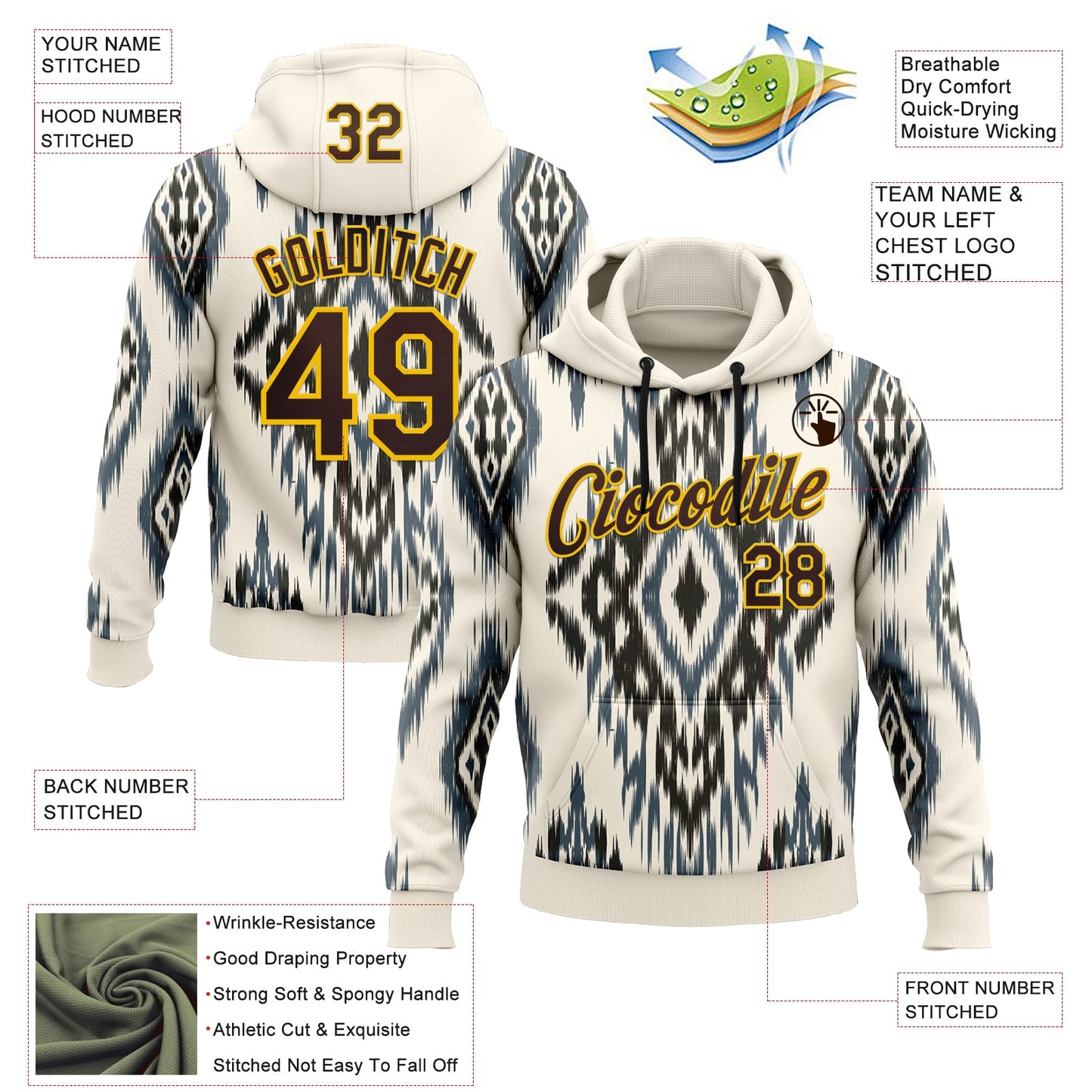 Custom Stitched Cream Brown Blue-Yellow 3D Mexico Aztec Pattern Sports Pullover Sweatshirt Hoodie view 2