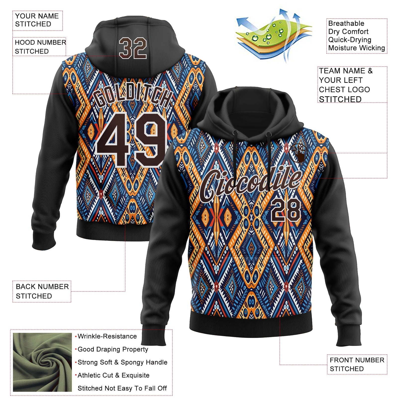Custom Stitched Black Brown Blue Orange-White 3D Mexico Aztec Pattern Sports Pullover Sweatshirt Hoodie view 2