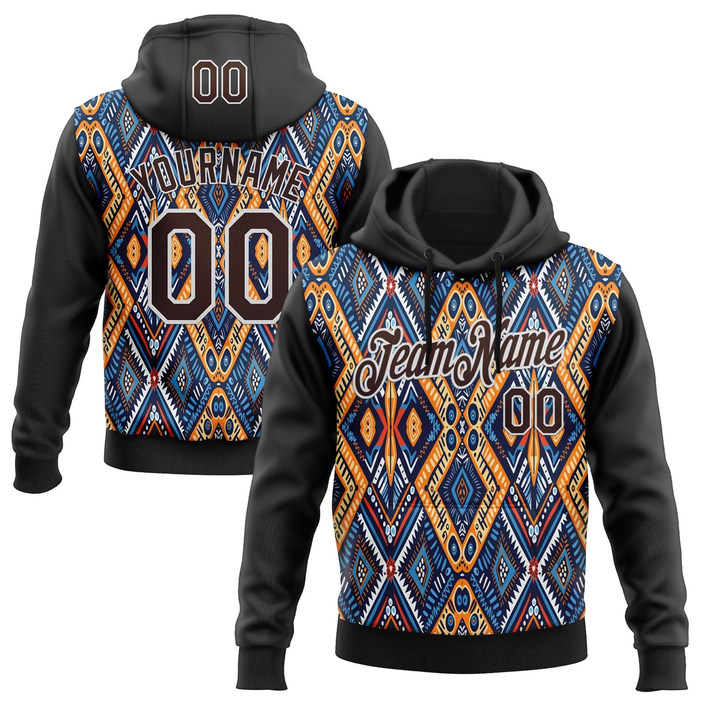 Custom Stitched Black Brown Blue Orange-White 3D Mexico Aztec Pattern Sports Pullover Sweatshirt Hoodie - Main View
