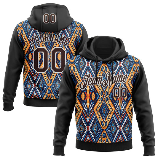 Custom Stitched Black Brown Blue Orange-White 3D Mexico Aztec Pattern Sports Pullover Sweatshirt Hoodie - Main View