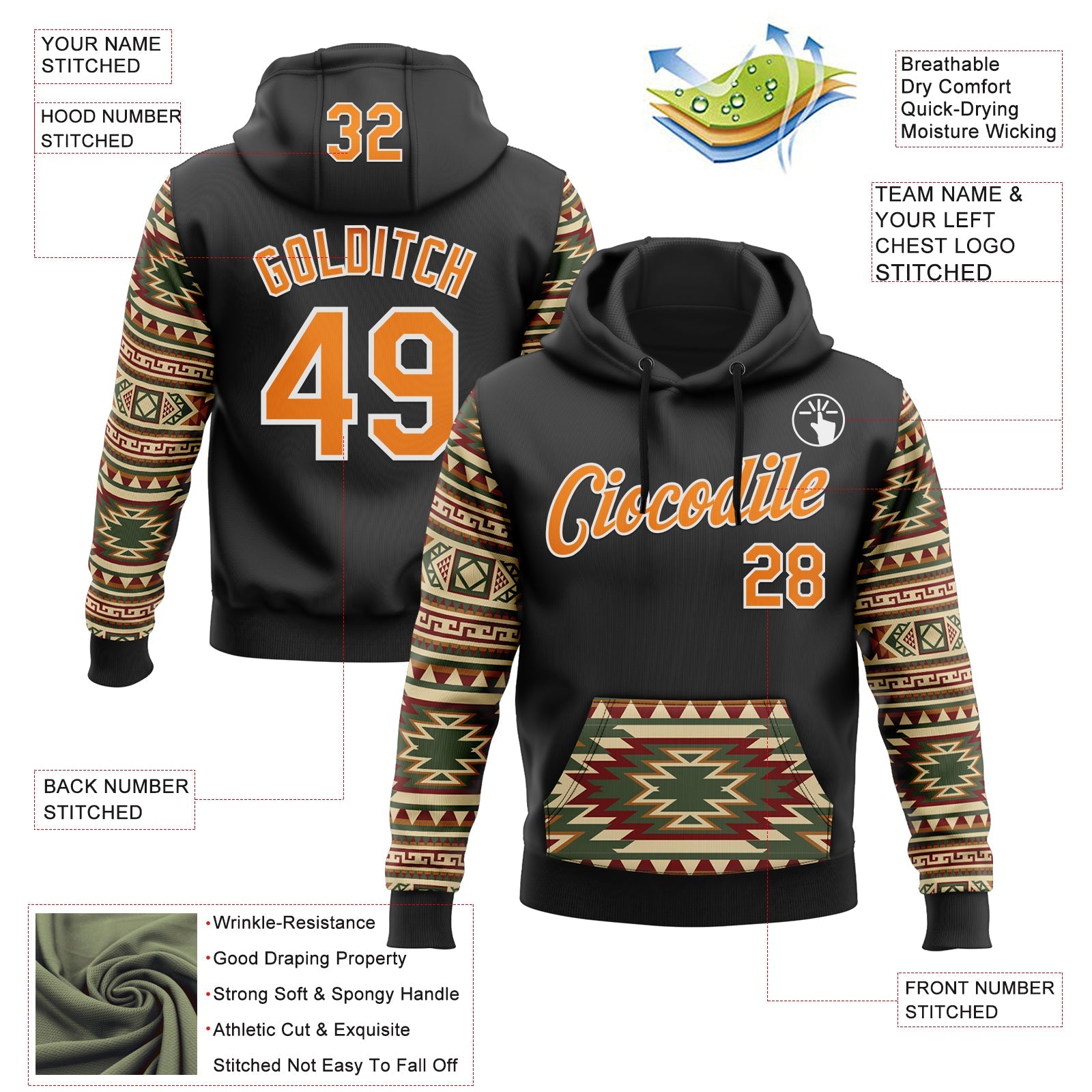 Custom Stitched Black Bay Orange Cream Red Green-White 3D Mexico Aztec Pattern Sports Pullover Sweatshirt Hoodie view 2
