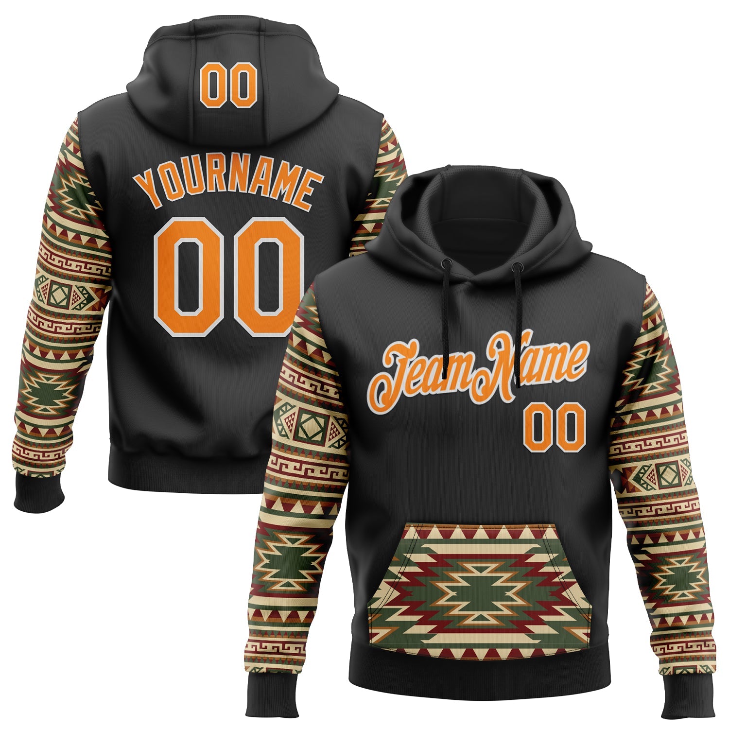 Custom Stitched Black Bay Orange Cream Red Green-White 3D Mexico Aztec Pattern Sports Pullover Sweatshirt Hoodie - Main View