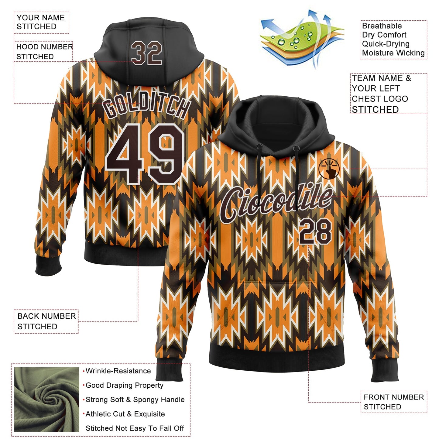 Custom Stitched Black Brown Orange Green-White 3D Mexico Aztec Pattern Sports Pullover Sweatshirt Hoodie view 2