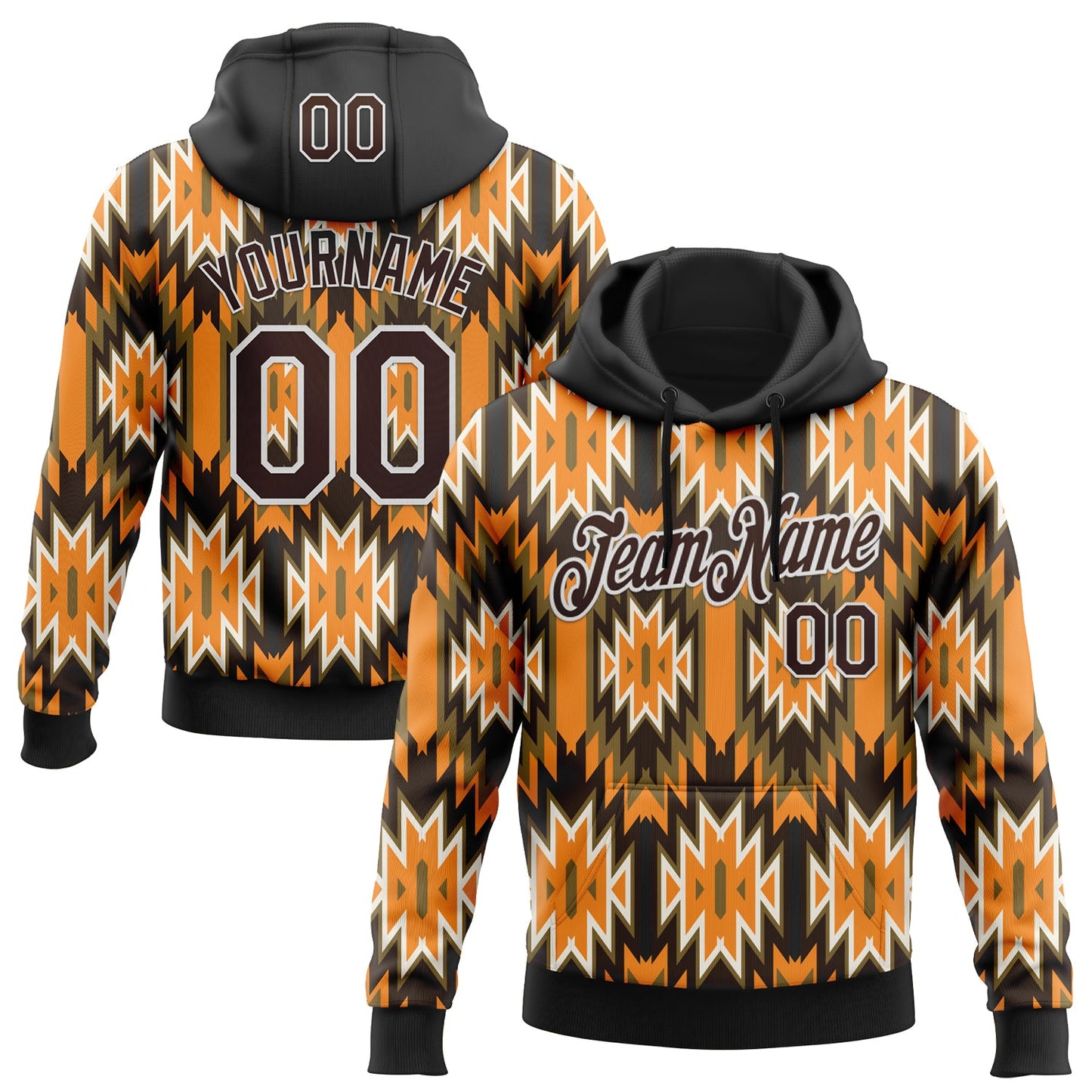 Custom Stitched Black Brown Orange Green-White 3D Mexico Aztec Pattern Sports Pullover Sweatshirt Hoodie - Main View