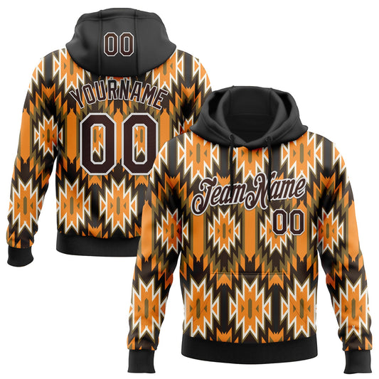 Custom Stitched Black Brown Orange Green-White 3D Mexico Aztec Pattern Sports Pullover Sweatshirt Hoodie - Main View
