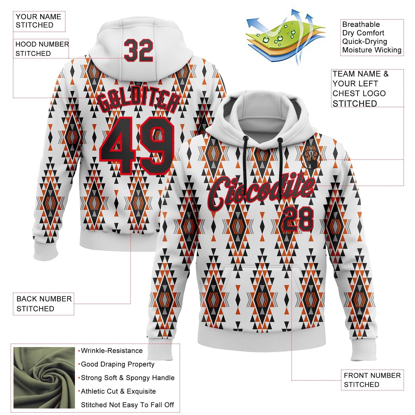 Custom Stitched White Black Orange Gray-Fire Red 3D Mexico Aztec Pattern Sports Pullover Sweatshirt Hoodie view 2
