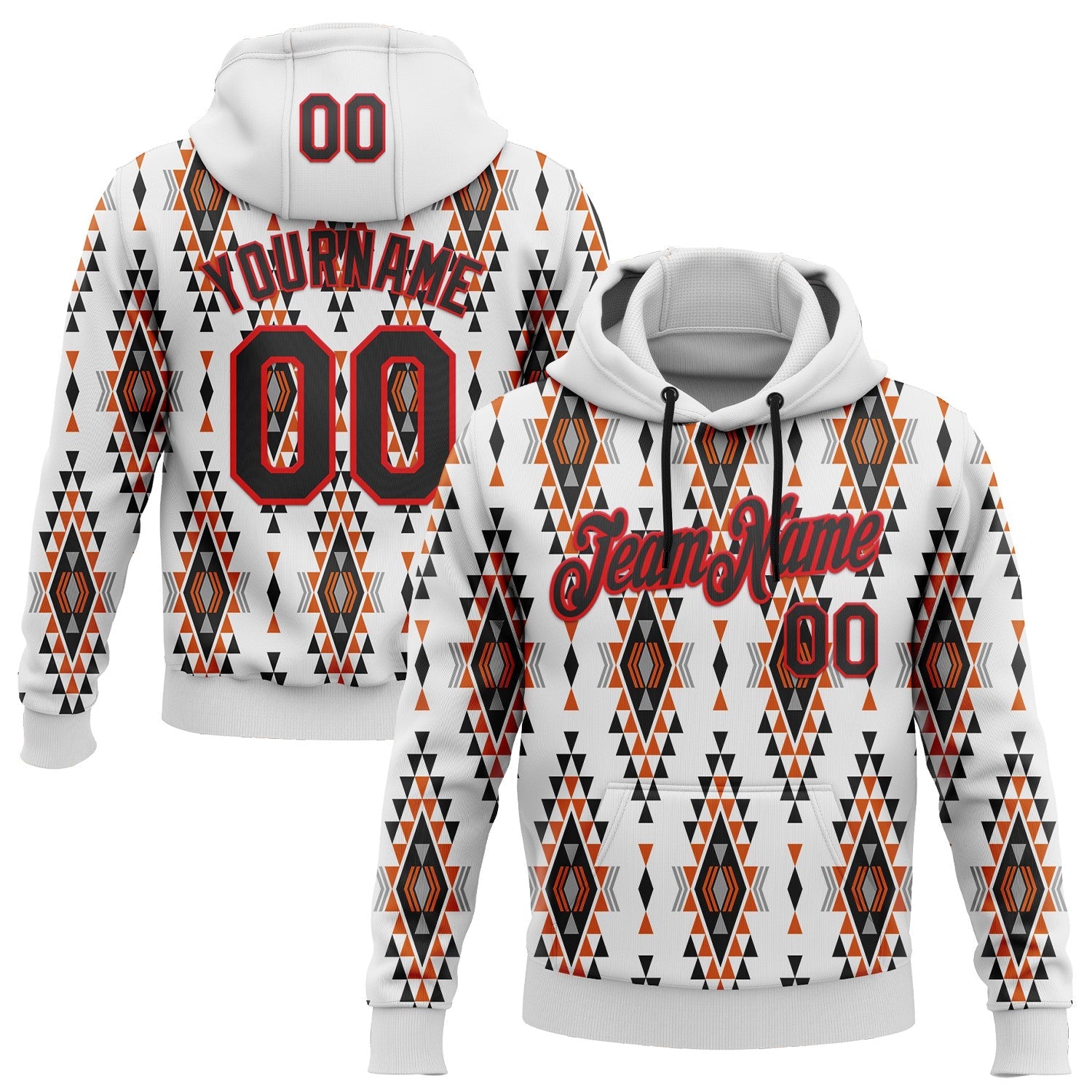 Custom Stitched White Black Orange Gray-Fire Red 3D Mexico Aztec Pattern Sports Pullover Sweatshirt Hoodie - Main View