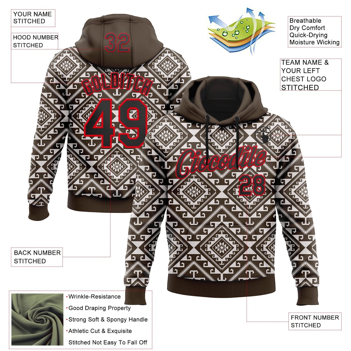 Custom Stitched Brown Black White-Fire Red 3D Mexico Aztec Pattern Sports Pullover Sweatshirt Hoodie view 2