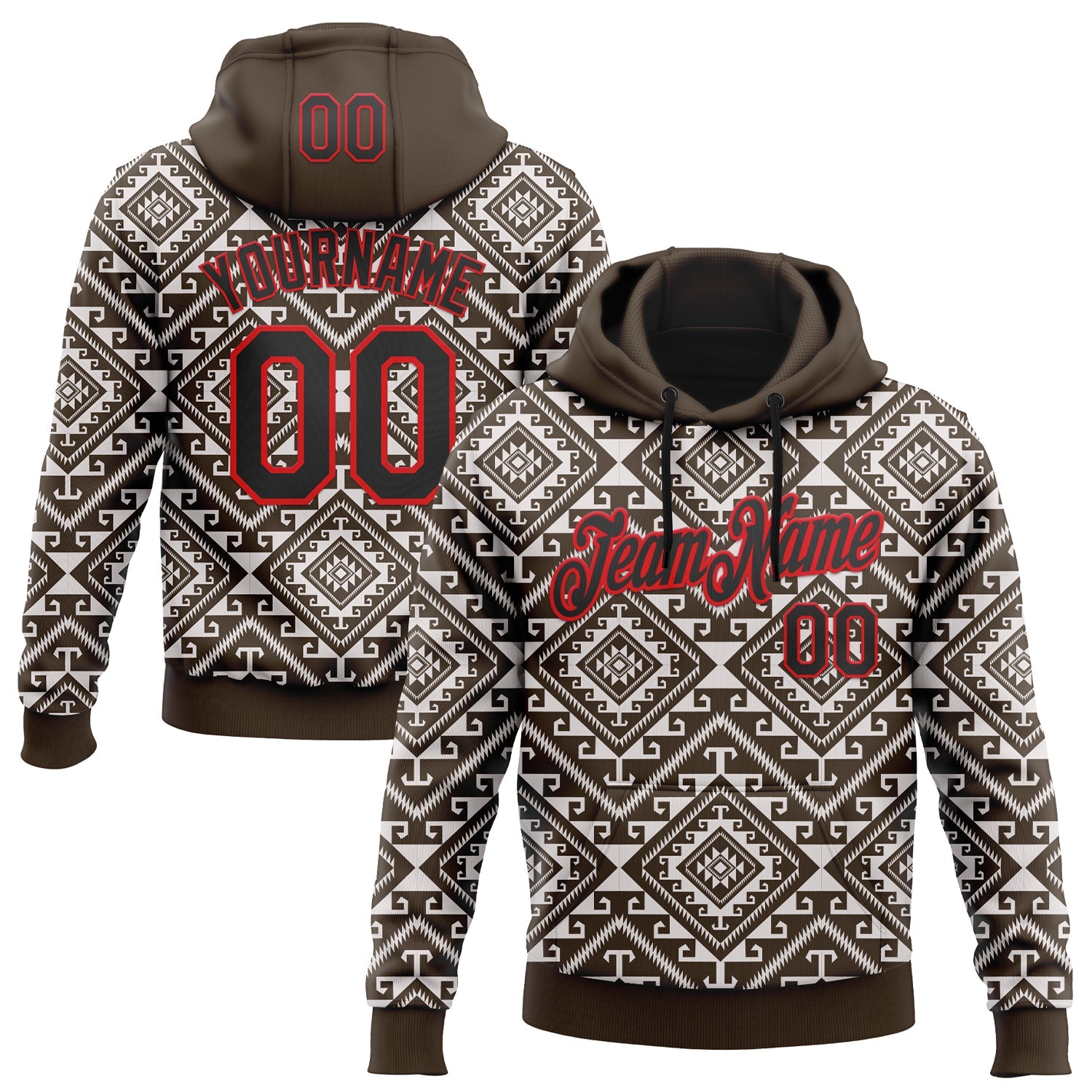 Custom Stitched Brown Black White-Fire Red 3D Mexico Aztec Pattern Sports Pullover Sweatshirt Hoodie - Main View
