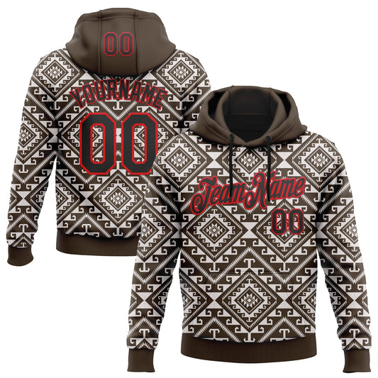Custom Stitched Brown Black White-Fire Red 3D Mexico Aztec Pattern Sports Pullover Sweatshirt Hoodie - Main View