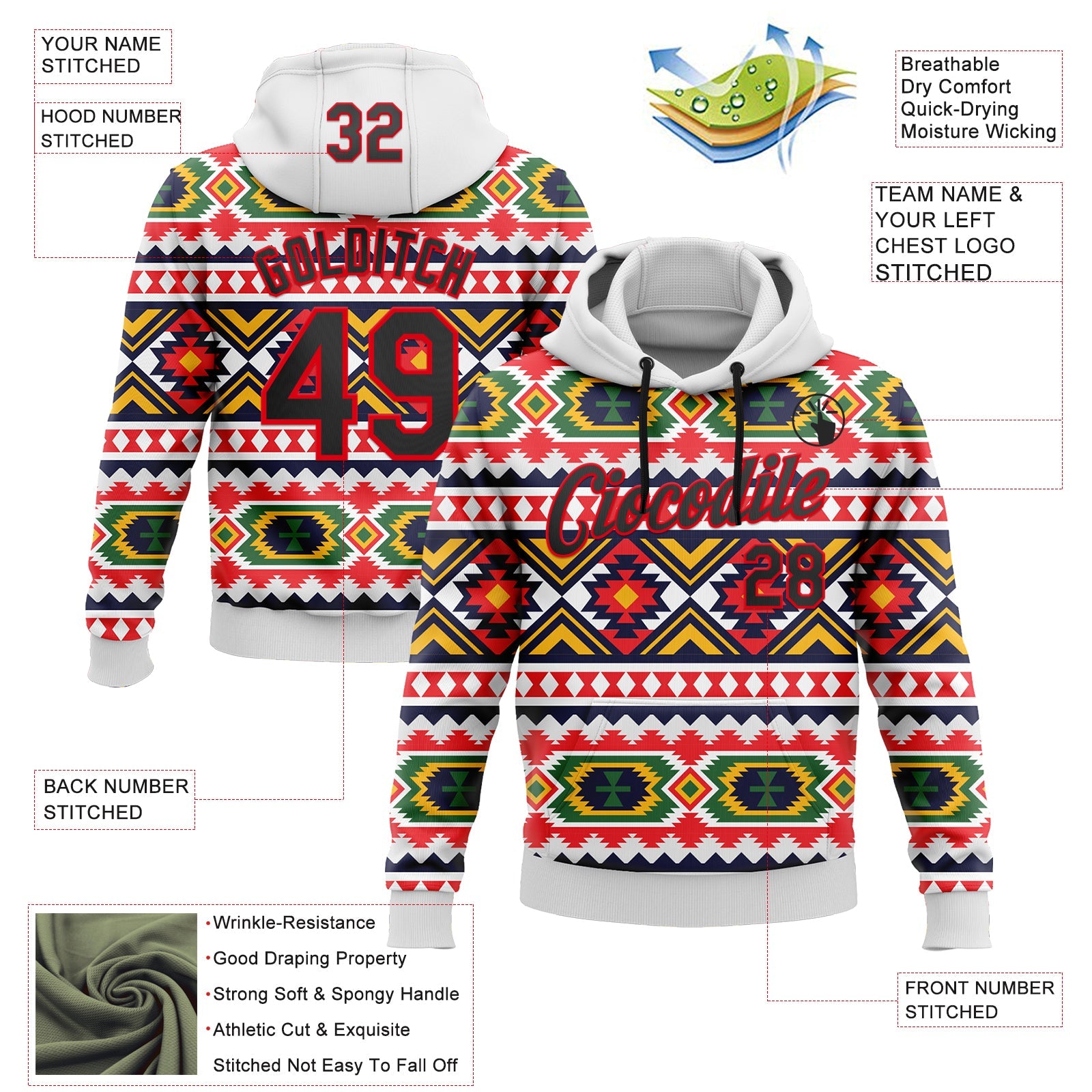 Custom Stitched White Black Yellow Green-Fire Red 3D Mexico Aztec Pattern Sports Pullover Sweatshirt Hoodie view 2