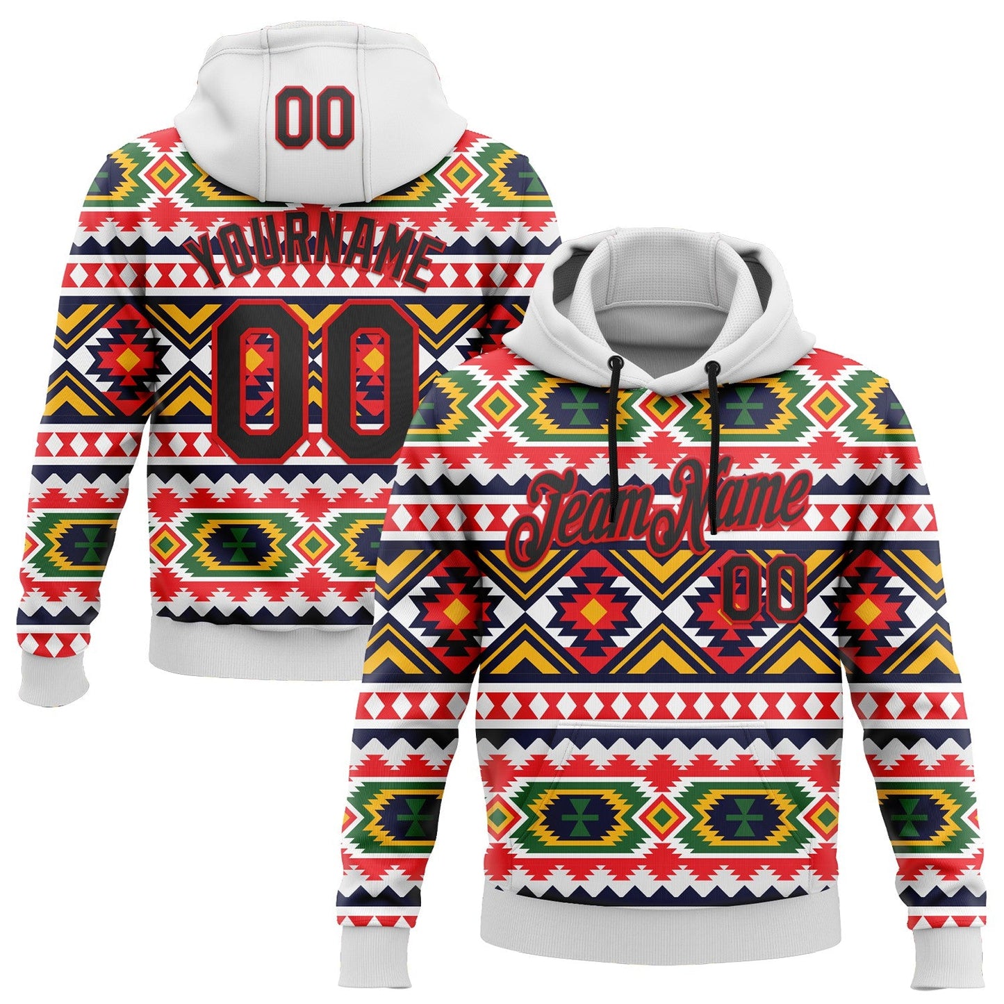 Custom Stitched White Black Yellow Green-Fire Red 3D Mexico Aztec Pattern Sports Pullover Sweatshirt Hoodie - Main View