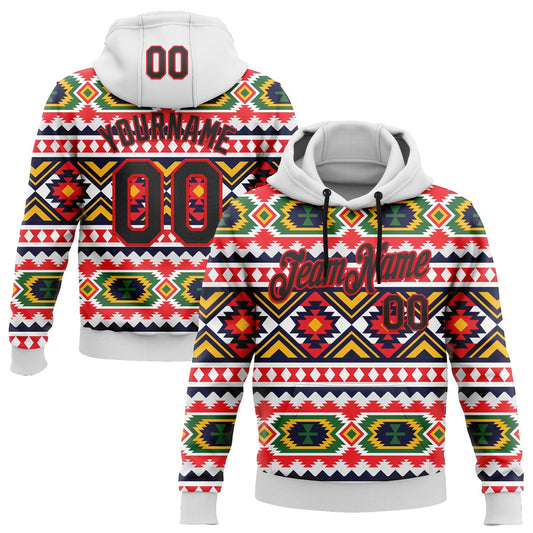 Custom Stitched White Black Yellow Green-Fire Red 3D Mexico Aztec Pattern Sports Pullover Sweatshirt Hoodie - Main View