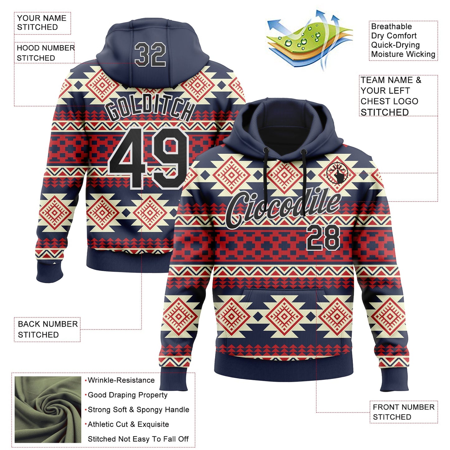Custom Stitched Navy Black Red-White 3D Mexico Aztec Pattern Sports Pullover Sweatshirt Hoodie view 2