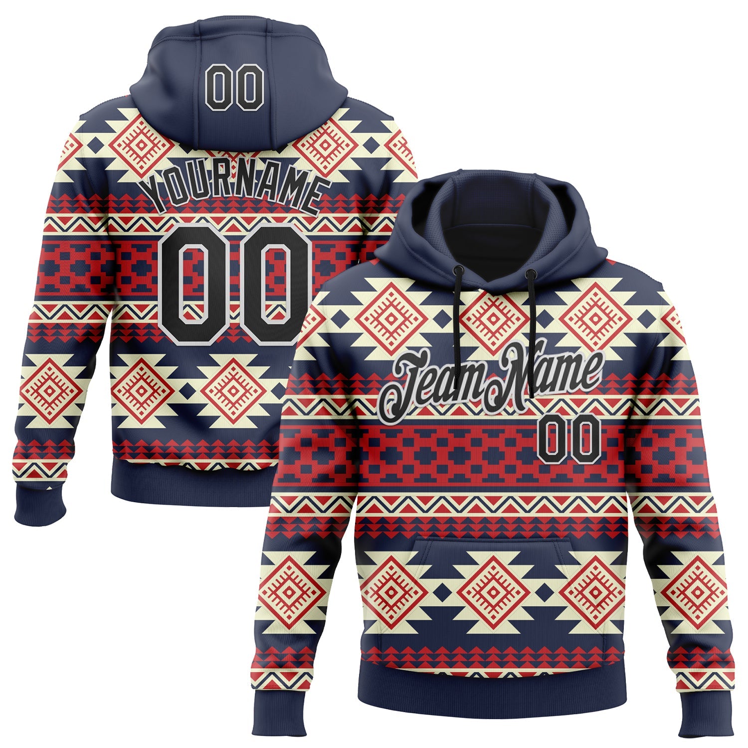 Custom Stitched Navy Black Red-White 3D Mexico Aztec Pattern Sports Pullover Sweatshirt Hoodie - Main View