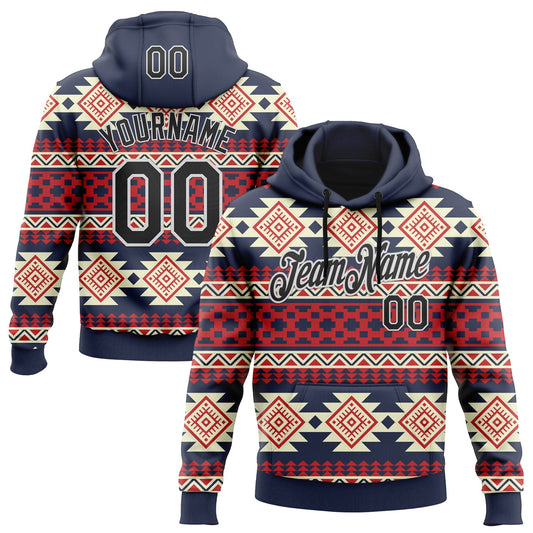 Custom Stitched Navy Black Red-White 3D Mexico Aztec Pattern Sports Pullover Sweatshirt Hoodie - Main View
