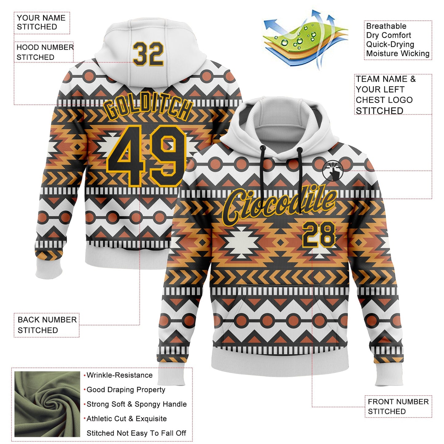Custom Stitched White Black Orange-Gold 3D Mexico Aztec Pattern Sports Pullover Sweatshirt Hoodie view 2