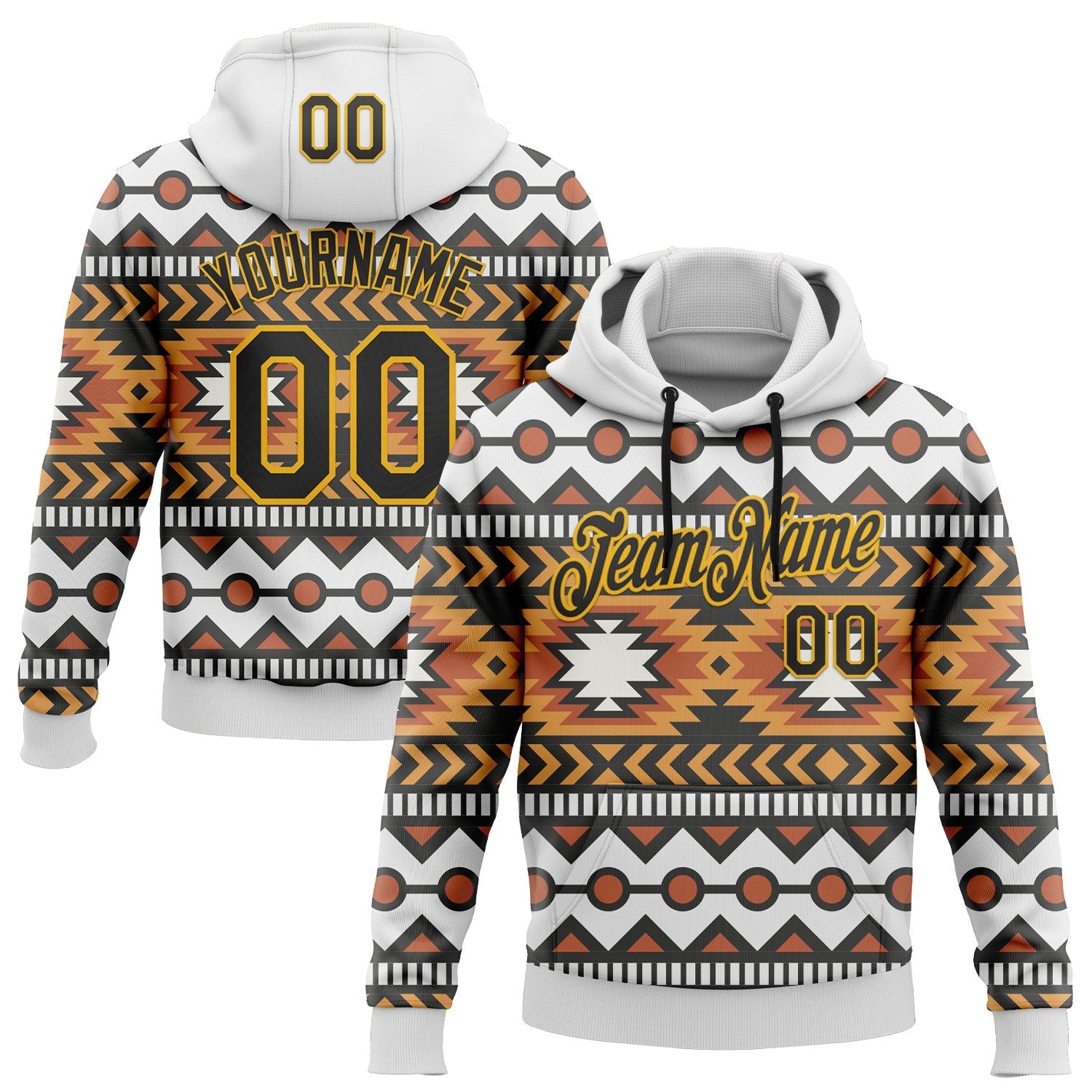 Custom Stitched White Black Orange-Gold 3D Mexico Aztec Pattern Sports Pullover Sweatshirt Hoodie - Main View